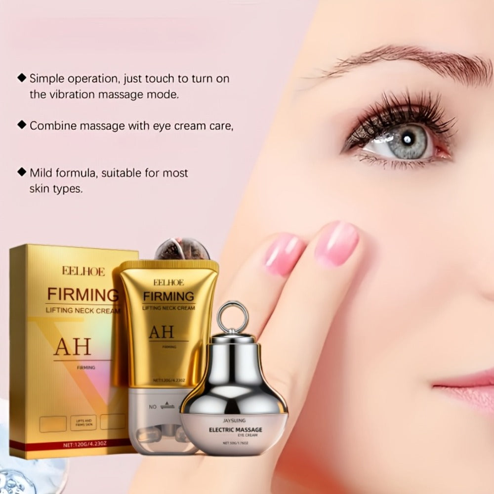 [Instant Tightens]Eye And Neck Firming Care Kits 2pcs, Containing Firming Eye Cream And Neck Care Roller Cream, Containing Small Fruit Coffee Seed Extract, Hyaluronic Acid, Perfect Gift, Gift, Fall Winter Skincare, Fast-Dry, Non-Sticky