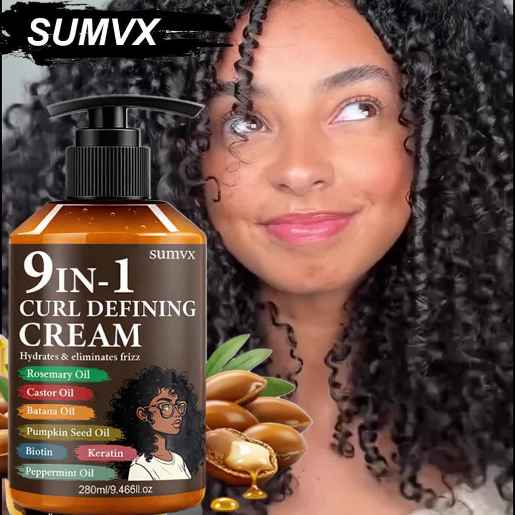 1 Bottle 9-in-1 Curl Defining Cream | Moisturizing, Long-lasting Hold, Frizz Control, Non-greasy, Stylish Bottle Design, Suitable for Normal, Wavy, and Curly Hair, Unisex-Adult