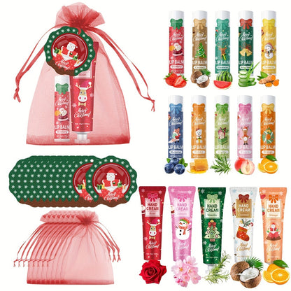 Bulk Gift Set 120 Pieces Lip Balm & Hand Cream with Red Velvet Bags & Holiday Cards — Moisturizing Party Favors for Colleagues, Employees & Friends