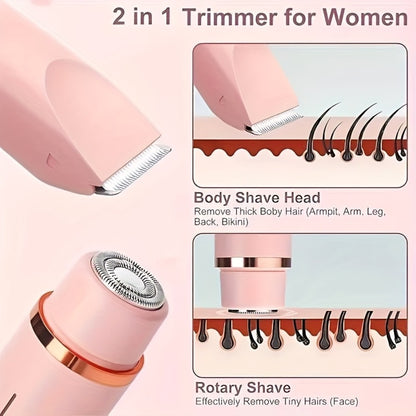 Electric Hair Trimmer 2-in-1 Rechargeable for Women - Dual Head Bikini Razor Face Shaver Body Arms Thighs USB Charging Stainless Steel Blade Cordless Hair Remover