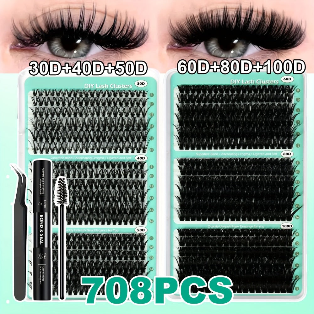 708pcs Mega Lash Clusters Kit with Tweezers Glue & Brush, Ultimate False Eyelashes Collection for Party Wedding Daily Makeup, Soft Silky Fiber Lashes, Full Voluminous Easy Apply Lash Extension Set