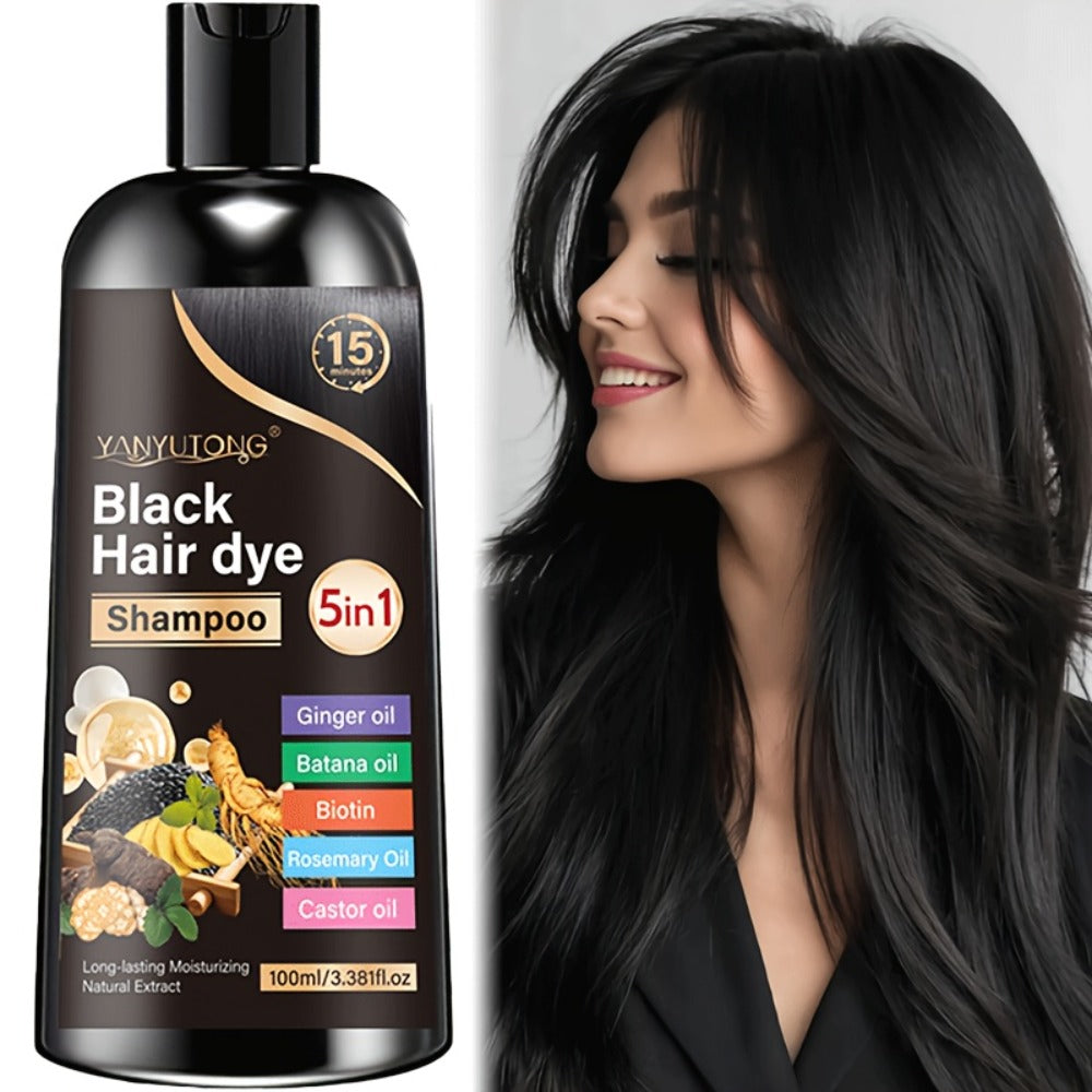 Hair Dye Shampoo 5-in-1 with Ginger Oil Biotin Rosemary Castor Oil | Gentle Gray Coverage Color Shampoo | Quick Coloring for Black Brown Chestnut Brown