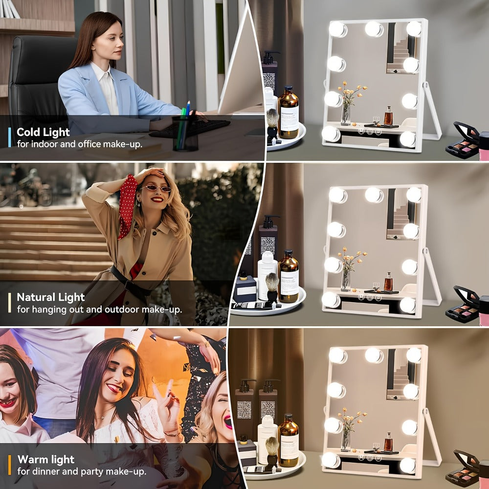9-Light Magnetic Makeup Mirror with 5X Magnifying Lens - Smart Touch Control, 3 Lighting Modes (Daylight/Warm /Cool), 360° Rotating Vanity Mirror Suitable for Women' Birthday/Holiday Gift, Hollywood Lighting Mirror