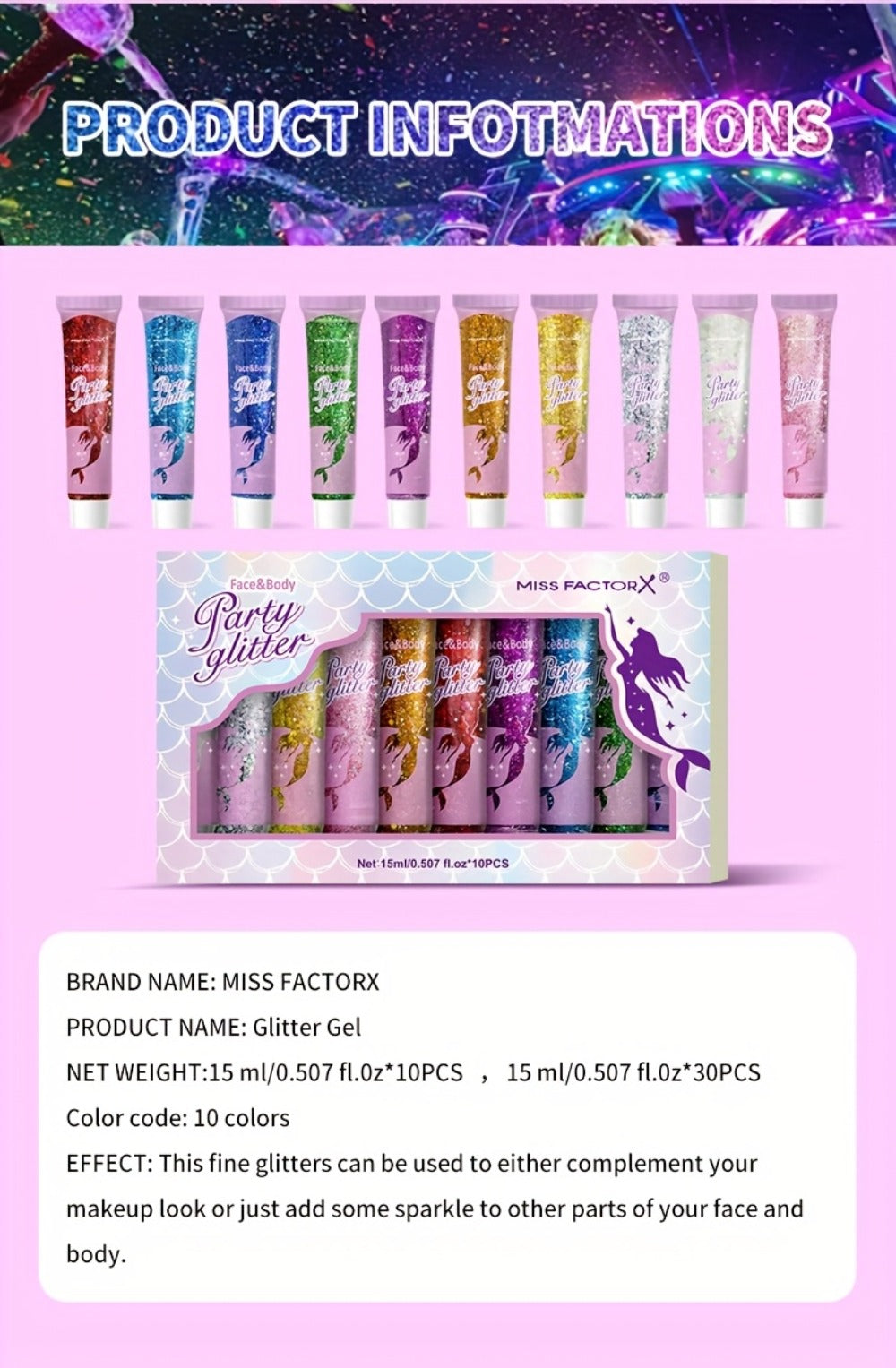 10 Color Set Face & Body Glitter - Cosmetic-Grade Holographic Glitter Gel - Makeup For Festivals, Raves, Anime Cosplay - Safe For Face, Easy Application & Removal