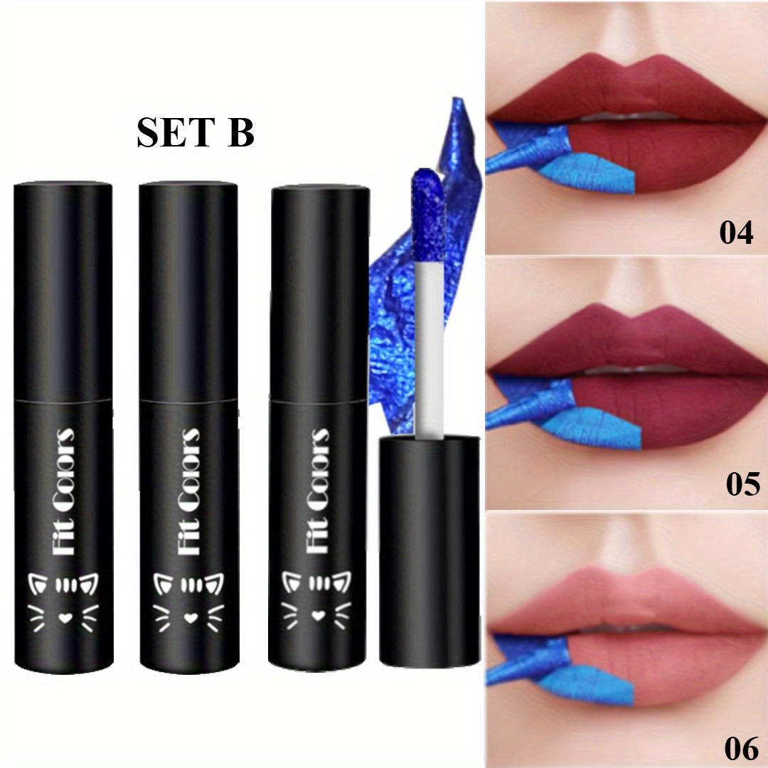 Matte Lip Gloss Set 3pcs Waterproof Long-Lasting Smudge-Proof Liquid Lipstick - Electric Blue Cobalt Shades Vegan Formula All Skin Tones Bold Lip Makeup Women