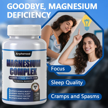Magnesium Complex Supplement 7-in-1 — Magnesium Glycinate, Malate, Taurate, Oxide & More, 1000mg per Serving, 180 Capsules for Sleep, Muscle & Nerve Support