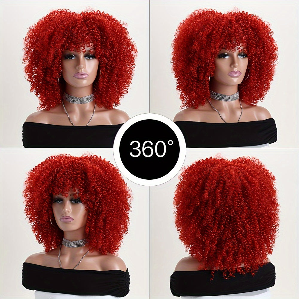 16-inch Short Curly Afro Kinky Curly Red Wig, Women's Fashionable and Elegant Stretchable Net Synthetic Fiber Hair Replacement Wig for Women, Heat-Resistant Fiber Wig Suitable for Daily Wear, Cosplay, Parties, Music Festivals, Weddings, and Balls
