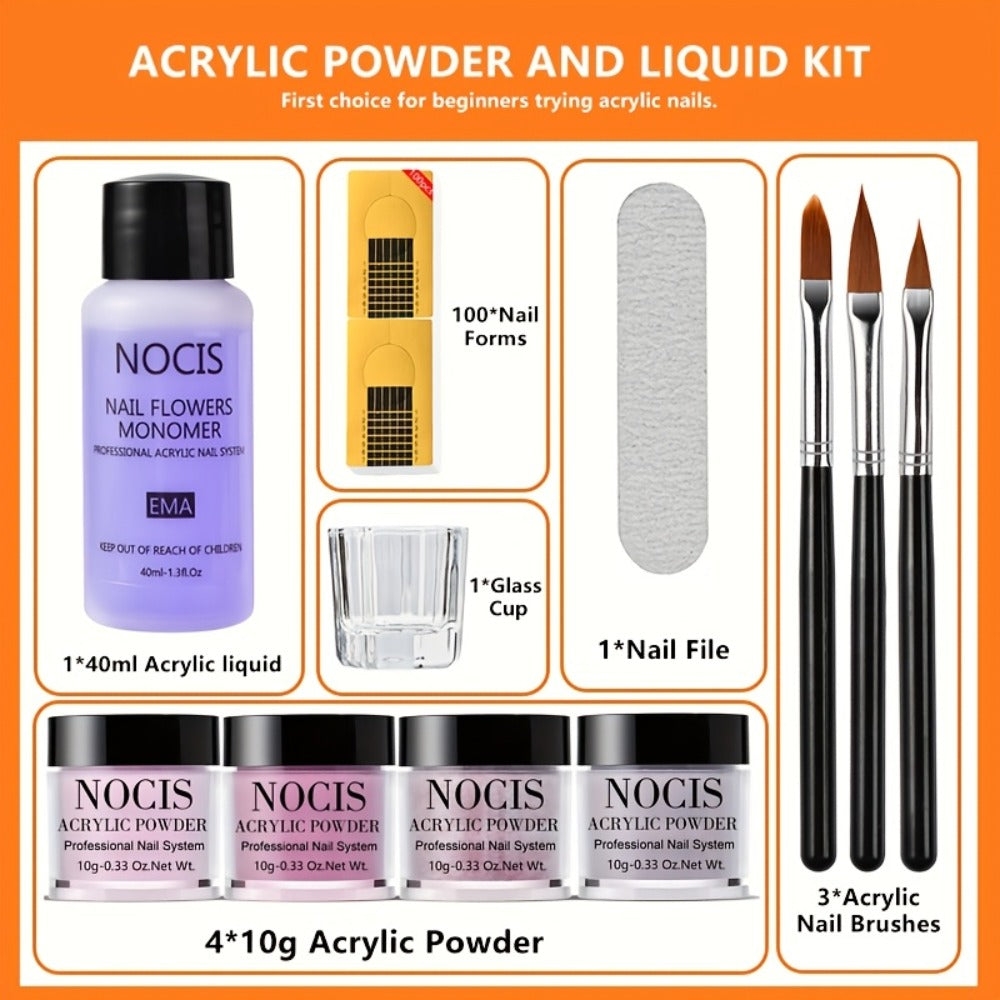 NOCIS Professional Acrylic Nail Kit - Salon-Quality Set with Liquid Monomer, 4 Powders & Brushes for Extensions, Carving & French Manicure - Odorless, Perfect for At-Home Beauty