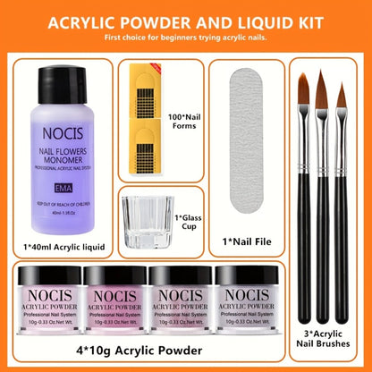 Acrylic Nail Kit Professional Odorless with Liquid Monomer 4 Powders Brushes for Nail Extensions Carving French Manicure Salon Quality Home Use