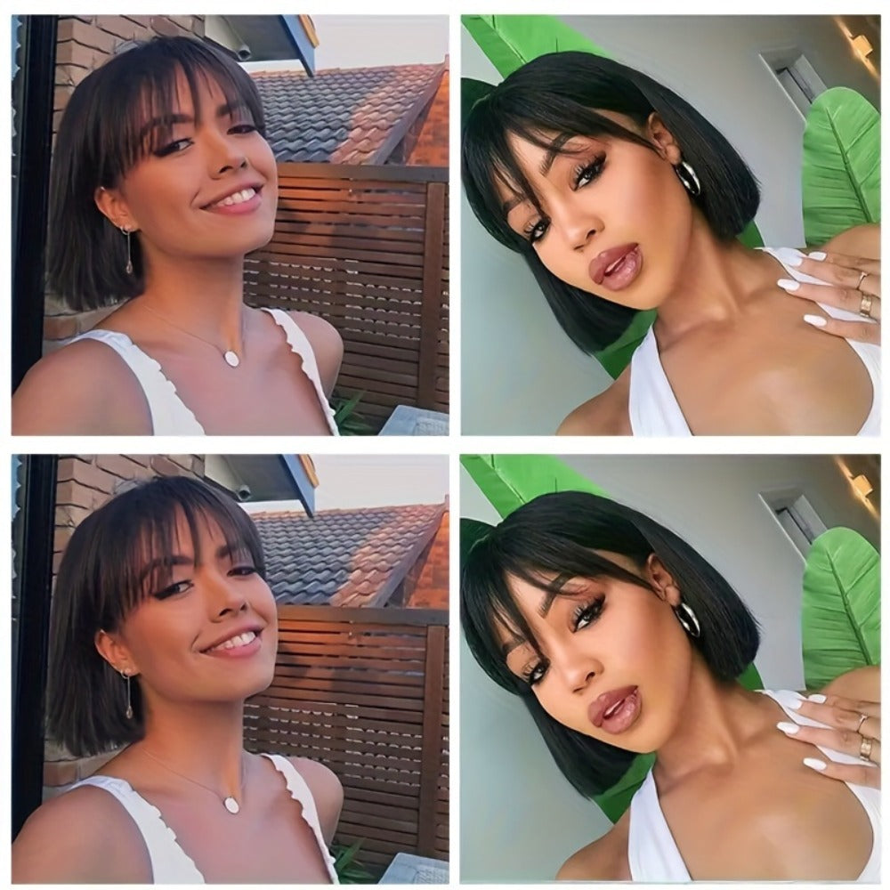 Bob Wig Human Hair Glueless 4x1 HD Lace Front — Short Bob with Bangs, 180% Density, Brazilian Remy, Straight Put & Go Wig for Women, Natural Black, 10–14 Inch