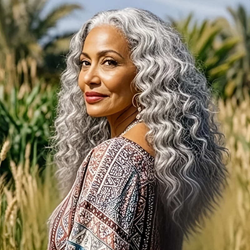 24 Inch Curly Wig Long Synthetic Wigs for Women Grey Deep Wave Synthetic Curly Wig Comfortable Fit Easy to Manage No Glue Required Suitable for Casual Attire, Role Play, And Holidays
