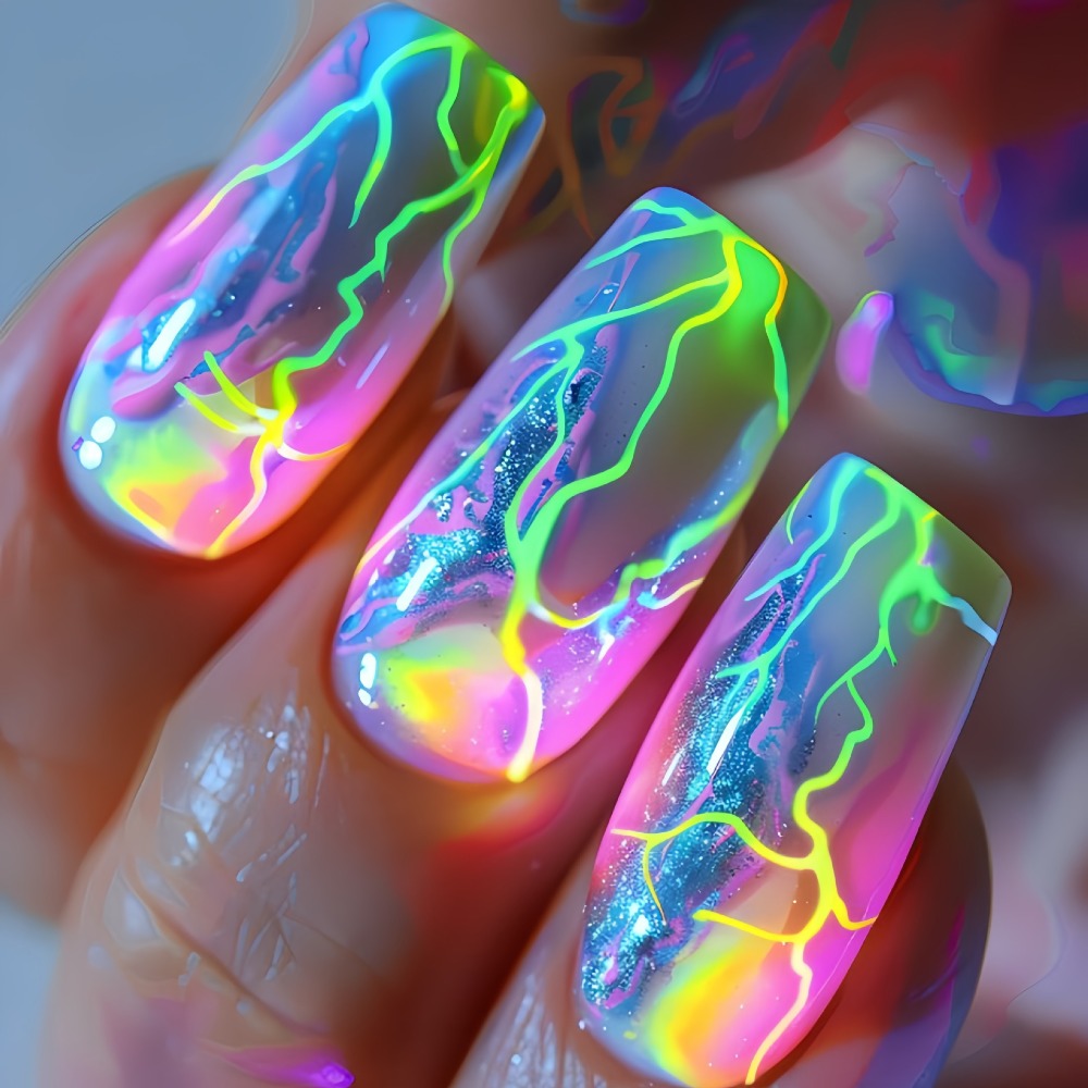 216pcs (9 Sets) of Green Glitter Lightning Press-On Nails - Medium Length, Ballet Shape, Removable Fake Nails Featuring a Striped Design for Hands