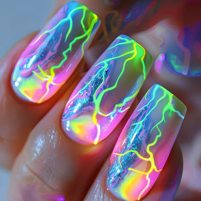 Press On Nails 216 Pieces 9 Packs - Medium Ballet Shape Green Glitter Lightning Fake Nails | Striped Bold Design Glossy Full Cover Removable False Nails for Women Girls, Edgy Nail Art Set