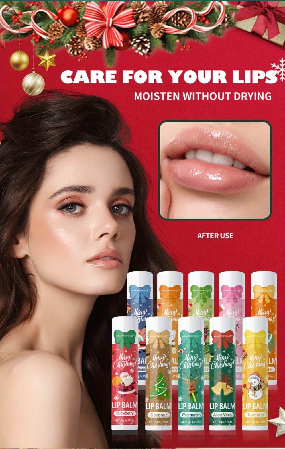 Lip Balm Set 10-Pack Christmas Gift — MISS FACTORX Moisturizing Lipstick Collection with Vitamin E, Natural Look, All Skin Types, Holiday & Valentine’s Day Gift for Women
