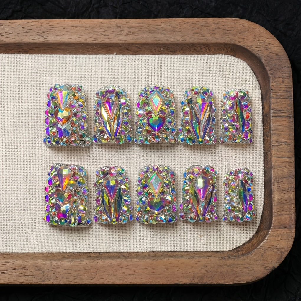 10pcs Lonnailssy Luxury Handmade Press-On Nails - Short Duckbill Shape with Sparkling AB Crystal & Colorful Diamond Accents, Salon-Quality, Reusable, Protected - Perfect for a Glamorous Look