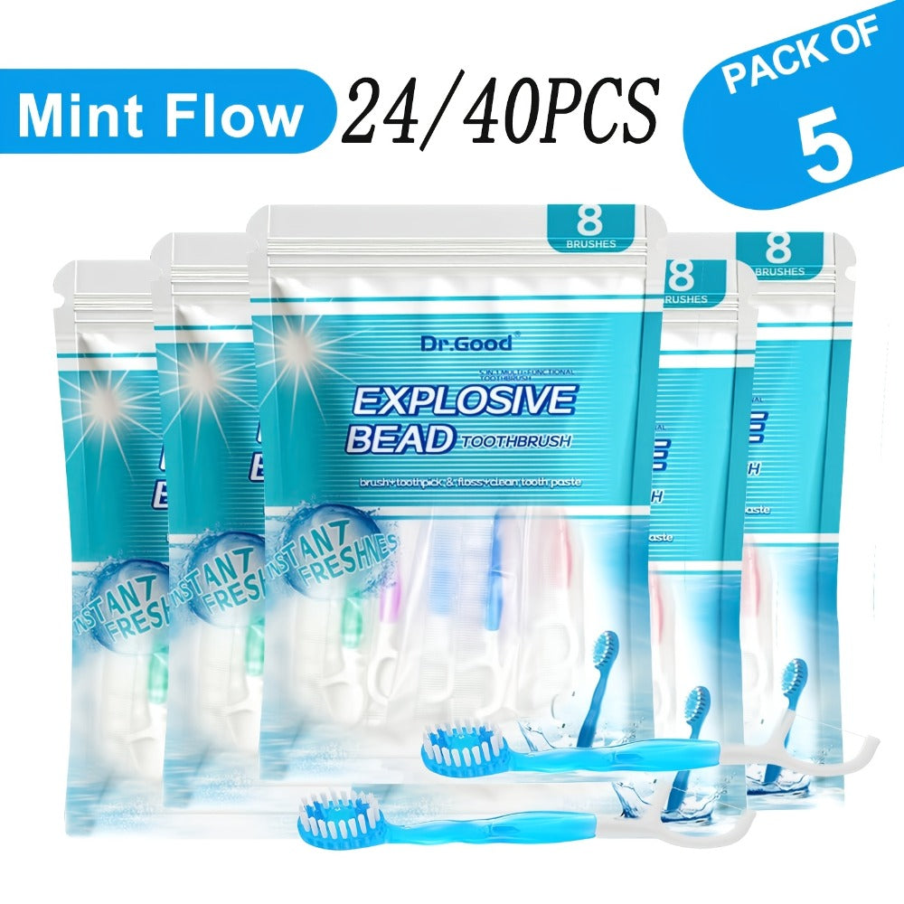 24/40pcs 5-in-1 Disposable Mini Toothbrush | Toothpaste, Floss, Pick, Tongue Scraper, Soft Mint, Oral Care, Nylon Bristles, ABS Plastic, Compact-, Medium Firmness, Travel Case