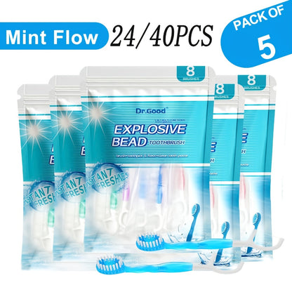 Disposable Mini Toothbrush 5-in-1 — Pre-Applied Mint Toothpaste, Floss, Pick & Tongue Scraper, Soft Nylon Bristles, Compact Travel Oral Care Kit, 24 or 40 Pack