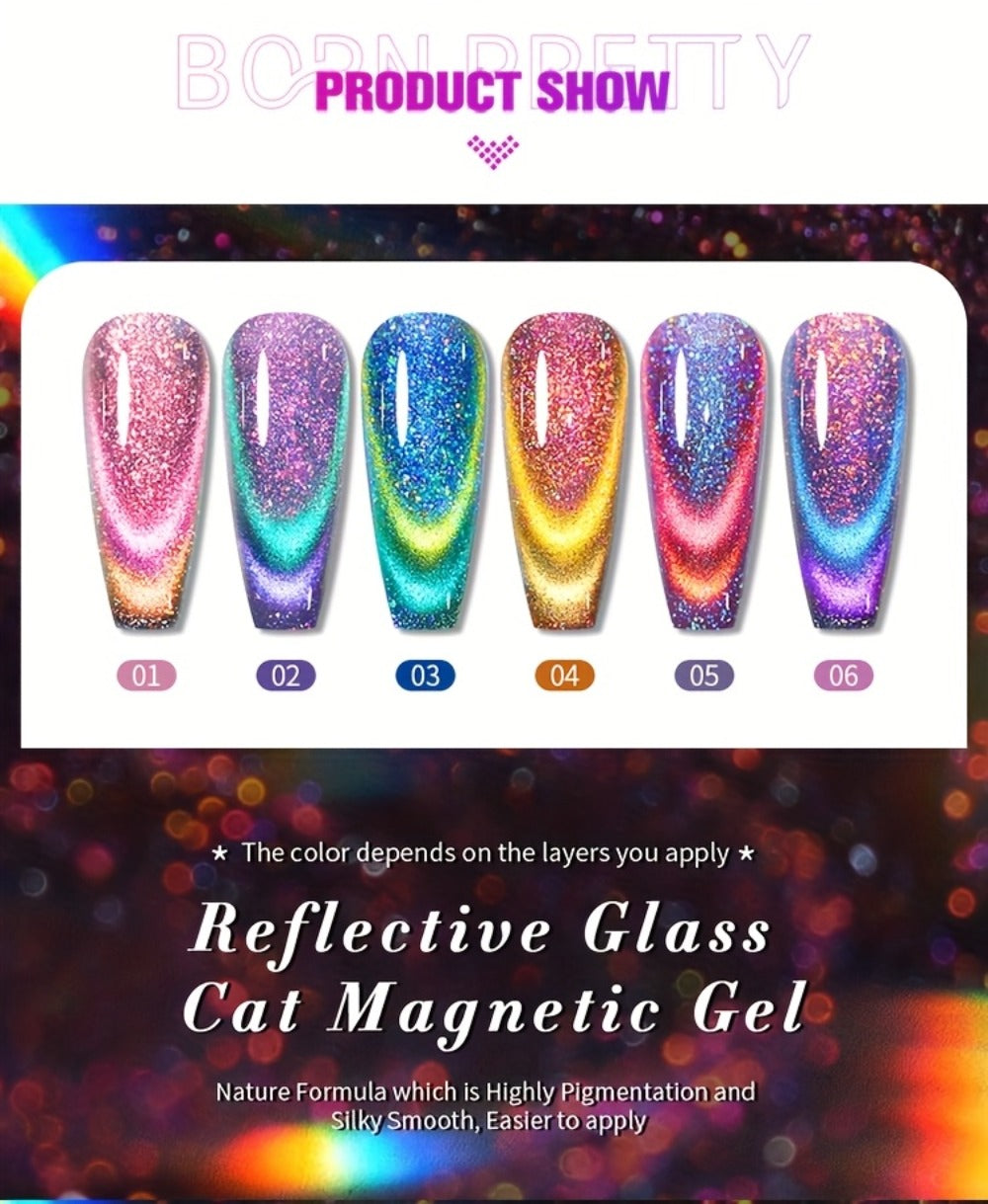 BORN PRETTY 0.34oz 6pcs Double Light Reflective Glass Cat Magnetic Gel Polish for Halloween Party Sparkling Rainbow Color Gel Soak Off