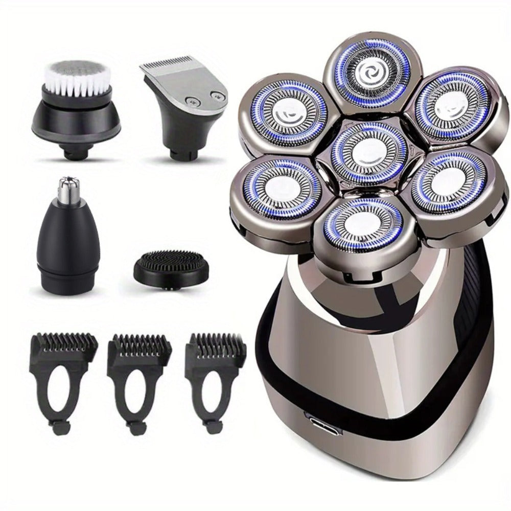 Men's Electric Nine-bit Bald Head Machine, USB Charging, Optional Five-in-one Suit Consisting of Cleanser, Hair Clipper, Cleaning Brush and Nose Hair Cleaner, a Set of Multi-purpose, Suitable for Personal Use or Gift Giving.