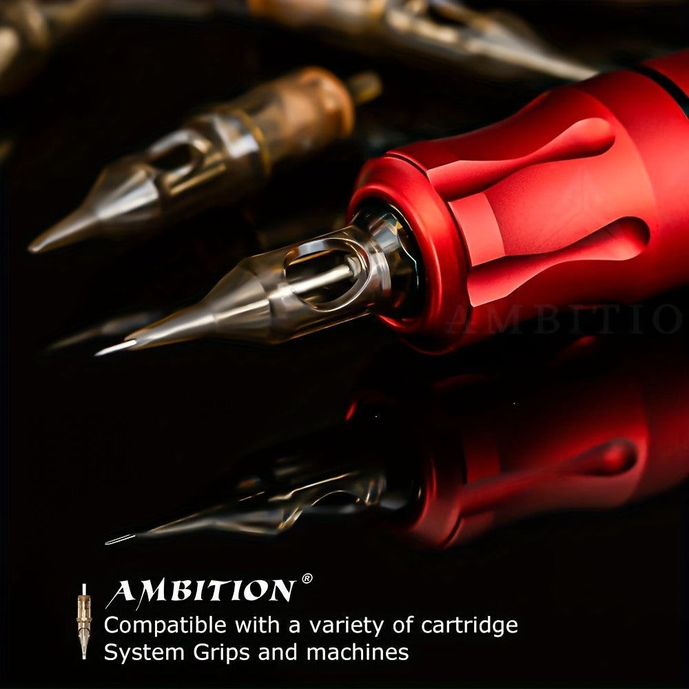 Box of 20 Ambition Tattoo Cartridge Needles in RL/RS/RM/M1 Sizes, Designed for Micropigmentation. These Disposable Needles Are Sterilized for Safe Use with Tattoo Machines