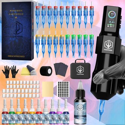 Wireless Tattoo Kit Complete - POSEIDON Battery Tattoo Pen LCD Color Screen 20 Cartridge Needles 11 Ink Bottles 6-Hour Runtime Full Tattoo Supplies for Beginners & Artists