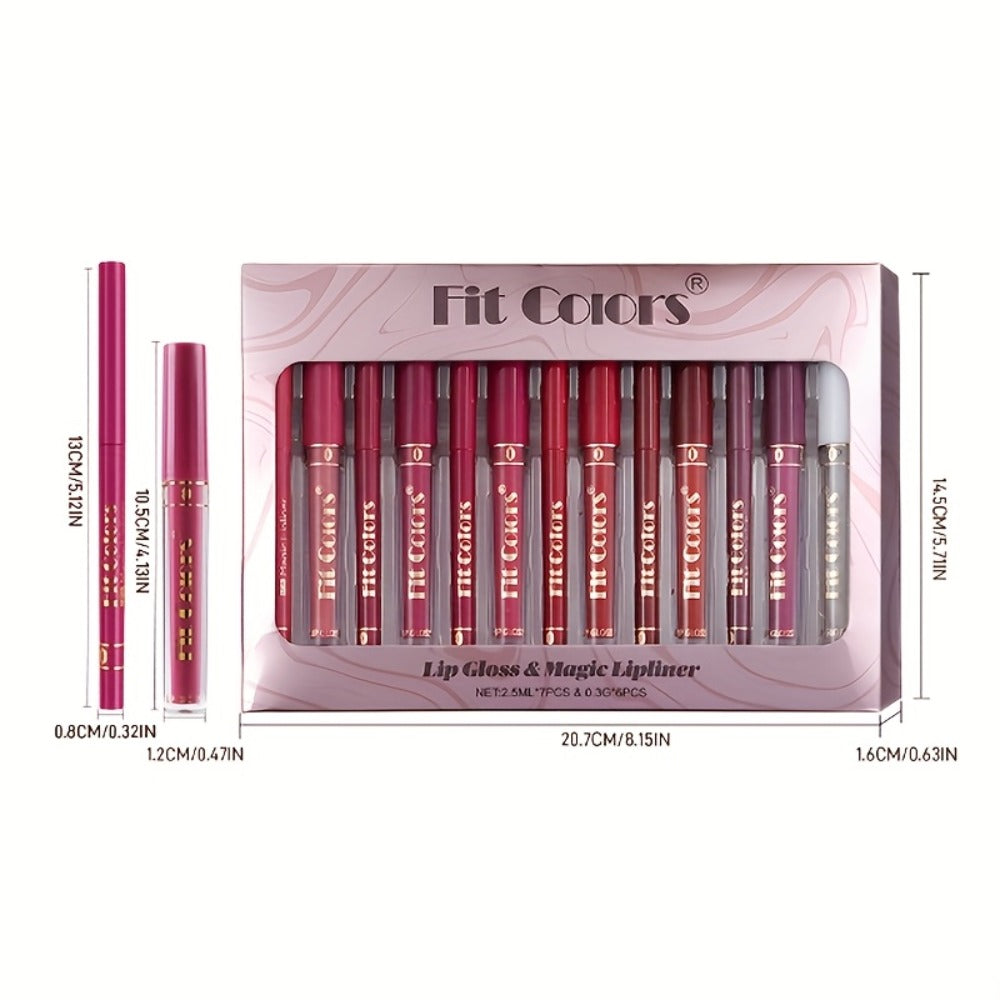 Lip Gloss and Lip Liner Set 13-Piece Matte Non-Stick Waterproof Long-Lasting Moisturizing Lip Glaze Combo Kit Beauty Gift for Women