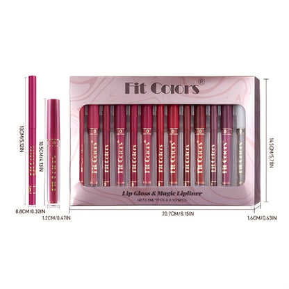 Lip Gloss and Lip Liner Set 13-Piece Matte Non-Stick Waterproof Long-Lasting Moisturizing Lip Glaze Combo Kit Beauty Gift for Women