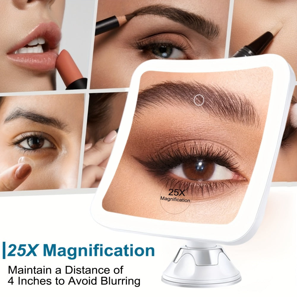 2000mAh Rechargeable 25X Magnifying Mirror with Light, Suction Cup, Locking Suction Mount, Travel Magnifying Mirror with 360° Adjustable, Travel Makeup Mirror with Dimmable Touch & 3 LED Light Settings, Valentine's Day Gifts, Weddings, Birthday Gift