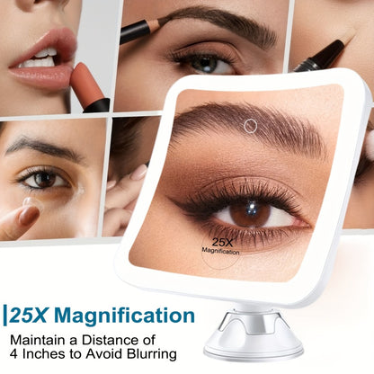 Magnifying Mirror 25X with LED Lights - Lighted Makeup Mirror with Suction Cup Mount, 360° Rotation, Touch Control, 3 Color Modes, Vanity Mirror for Bathroom, Tweezer Gift Set Included