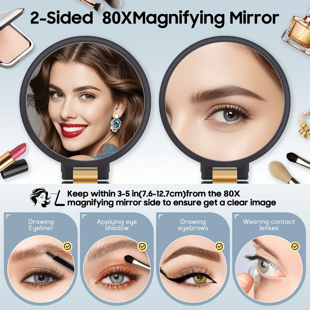 80X Handheld Magnifying Mirror with 1X 80X Magnification, 360° Adjustable Handle Portable Travel Mirror for Makeup Skincare Beard Trimming, Compact Beauty Mirror Gift for Women
