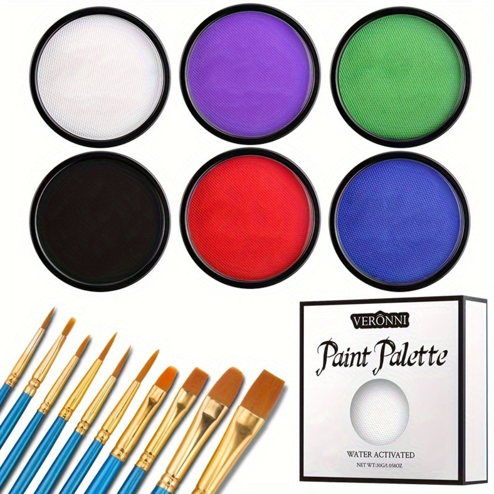 Water Based Face Paint Kit, Black & White Water Activated Face Body Painting Makeup Palette Cosplay Halloween Paint Palette with 10 Brushes