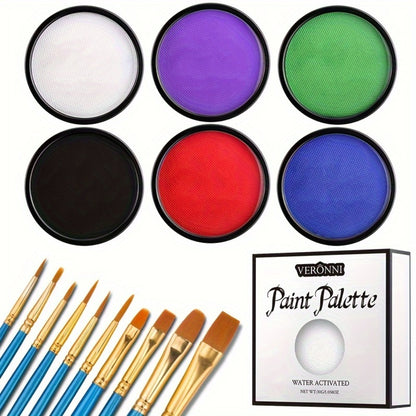 Water Activated Face Paint Kit with 10 Brushes - Water Based Face Body Paint Palette Black White Red Blue Green Purple for Halloween Cosplay Party
