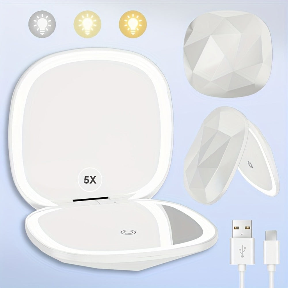 1X/5X Magnification 3 Colors LED Light Compact Travel Makeup Mirror with Light, One Side Magnifying Mirror And One Side Normal Mirror, Travel Portable for Purse And Travel Office Gift, Suitable for Makeup And Dressing Table.