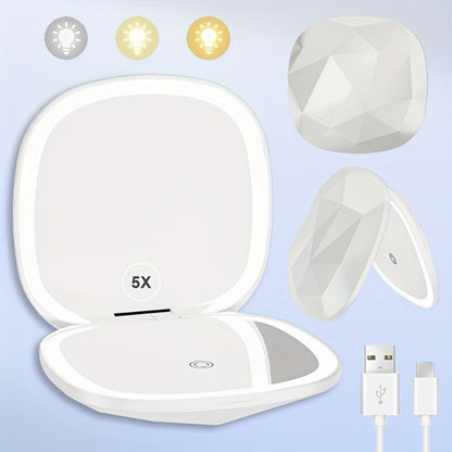 Compact Travel Makeup Mirror with LED Lights 5X Magnifying - Dual Sided 1X 5X Mirror, 3 Color Light Modes, Portable Purse Mirror for Women, Vanity Mirror for Desk Office Travel Gift