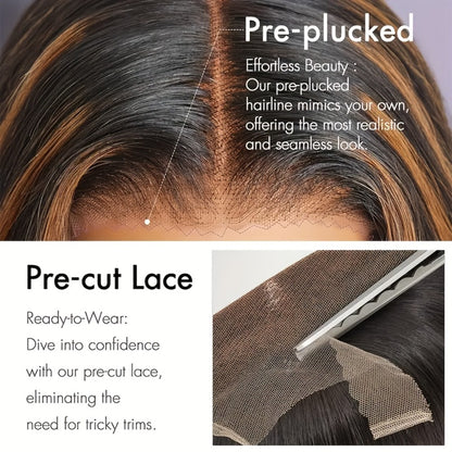 Human Hair Lace Front Wig 200% Density Brown Highlights — Pre-Plucked Glueless Long Wavy Black Brown Highlighted Wig, Heat Friendly 12"-32" Everyday Wear