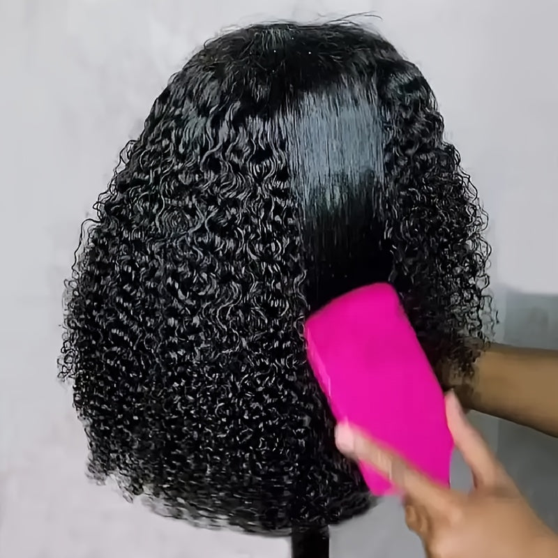 Kinky Curly 4*4 HD Lace Front Short Bob Wig - Human Hair Black Wigs with Elastic Band & Plucked Baby Hair, 4x4 Lace, Glueless Natural Look for, Stylish Hair Accessory, Short Hair Wig, Daily Natural Wig