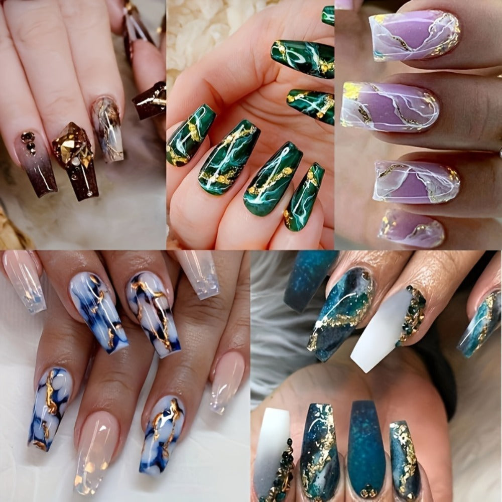 144pcs Coffin Press On Nails Medium Length Fake Nails Artificial False Nails with Blue Marble & Sequins Designs Glossy Acrylic Nails Nude Full Cover Glue On Nails for Women 6pcs