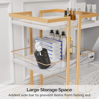 Salon Rolling Trolley Cart 3-Shelf with Lockable Wheels 130lbs per Shelf - Metal Frame Utility Cart for Esthetician, Spa, Tattoo, Massage & Manicure, Golden White Rose Gold Black