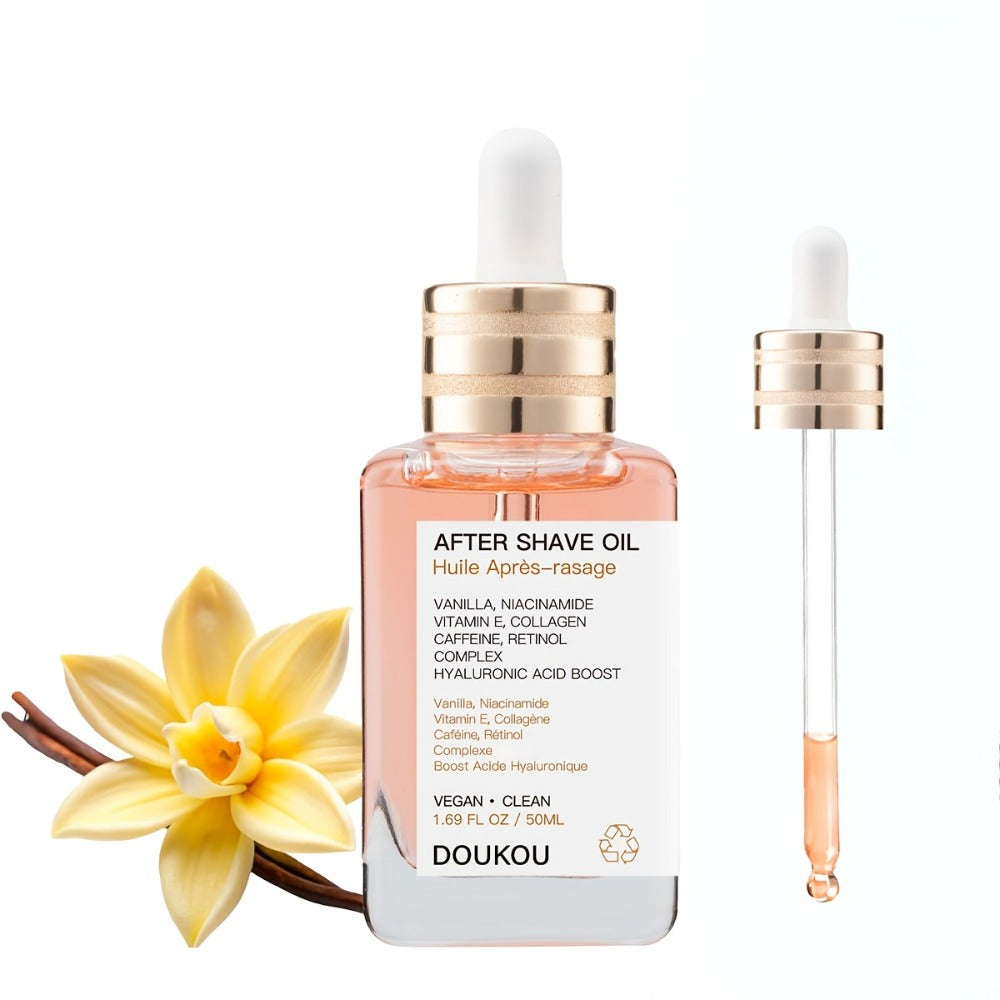Vanilla Aftershave Oil Enriched with Essential Oils, Featuring Vanilla, Collagen, Vitamin E, Caffeine, Retinol, And Niacinamide. It Provides Hydration, Prevents Ingrown Hairs for a Smooth End, And Is Suitable for Hair And Skin Care, Massage