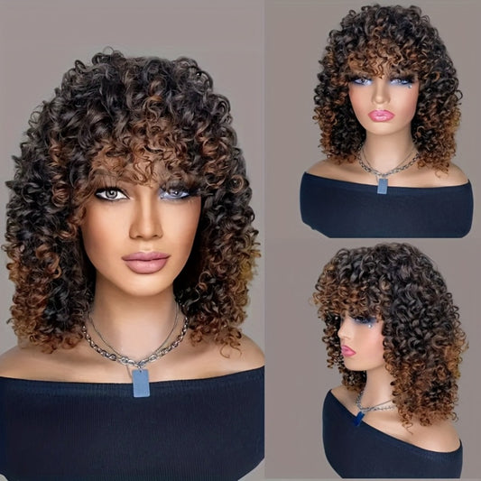 Glueless Deep Wave Bob Wig Hair Suitable for All Ethnicities & Skin Tones - Natural Black 14 Inch Short Curly Wigs with Bangs, Density Japanese-Korean Hair Replacement for, Elastic for Instant Volume & Daily Wear