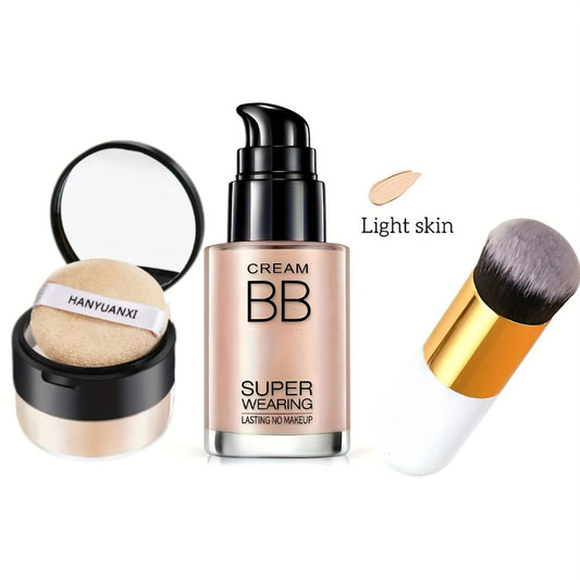 Set of BB Cream Foundation And Luxury Setting Powder (Comes with Brush And Powder Puff) That Is Waterproof And Long-Lasting, Offers a Matte End, Moisturizes, Controls Oil, Has a Smooth Formula