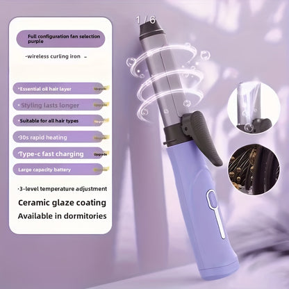 Wireless Mini Hair Curling Iron Portable Cordless Curler for Airy Bangs Big Waves Long-Lasting Style – Travel-Ready Hairdressing Tool for Students & Women