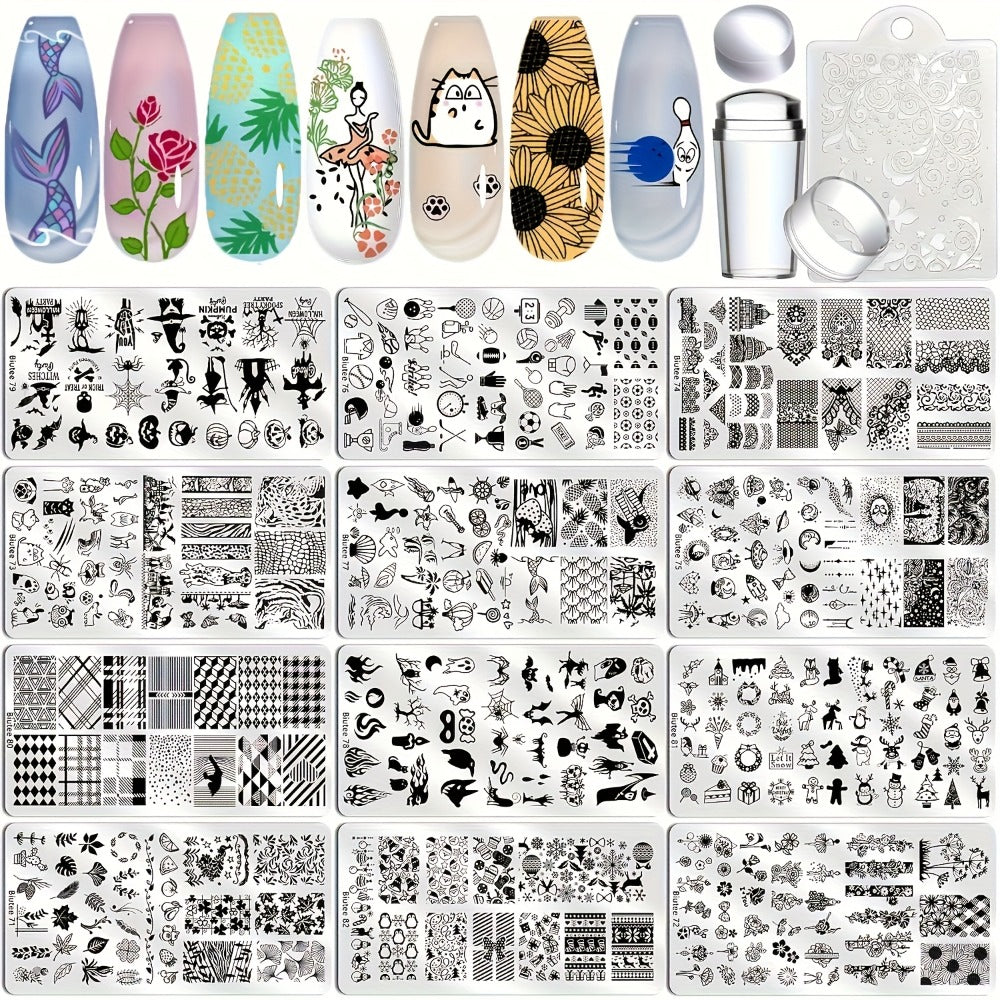 Biutee Nail Stamping Plate Set Of 14pcs, Including 10 Mini 1.57*4.72 inch Metal Plates, 1 Single-head Stamp, 2 Clear Stamp Heads, And 1 Pattern Scraper