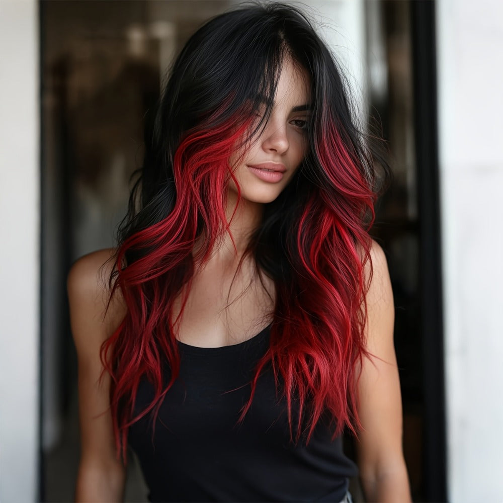 A 24-Inch Wig Featuring a Wine Red Gradient, Designed with a Rose Inner Mesh And Durable Color Retention Technology