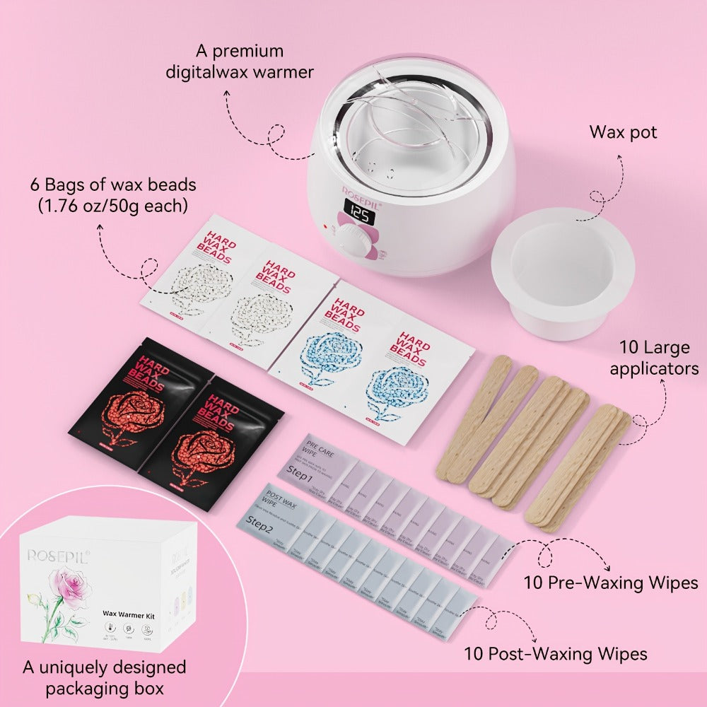 Digital Wax Heater Hair Removal Kit with Intelligent Temperature Control, Includes 6 Packets (3 Colors) Of Wax Beads for Precise Hair Removal - Suitable for Body, Bikini Line, And Face, Salon-grade for Home Use.