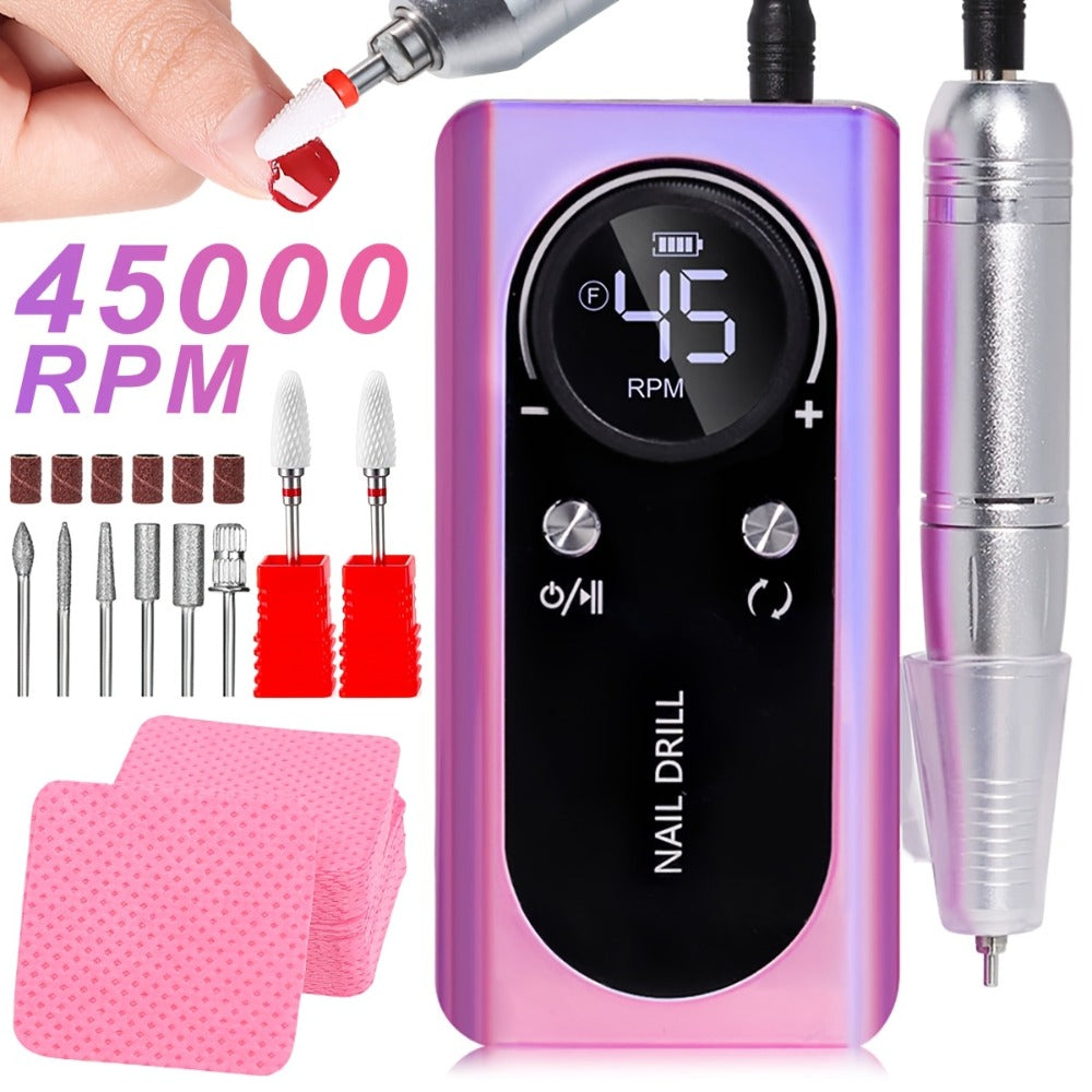 45000RPM Adjustable Speed Low-noise Nail Drill Cordless Display Power Portable Nail File Nail Grinder Suitable for Home Nail Salon Gel Nail Polishing for Nail Salon And Home