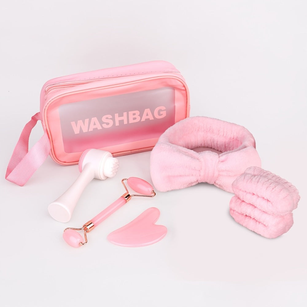 7pcs Facial Cleansing Massage Set, Includes 2 Wristbands + 1 Hair Band, 1 Double-Sided Silicone Face Brush, 1 Double-Headed Roller Massager, 1 Heart-Shaped Facial Scraping Board, 1 Pink Storage Bag, The Best Facial Cleansing And Massage Tool