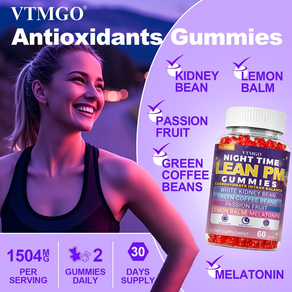NIGHT TIME LEAN PM GUMMIES: White Kidney Beans, Green Coffee, Lemon Balm, Melatonin, Passionflower - Nature's Source Of Quiet Balance. Night Quietly Becomes The Starting Point for Health, Balance And Change.(60).(1/4/5 Bottles).Family & Holiday Gifts