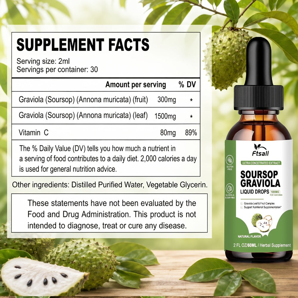 Ftsall Soursop Bitters 1800mg High Absorption Soursop Graviola Liquid Drops Gluten Free 2fl.oz Soursop Leaf Drops