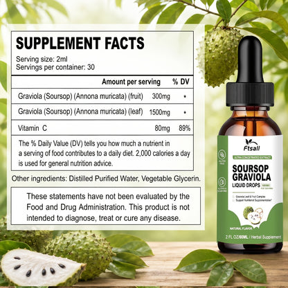 Soursop Bitters Liquid Drops 1800mg | Graviola Leaf & Fruit Extract | High Absorption Natural Supplement | Gluten-Free Sugar-Free Digestive & Immune Support | 2 Fl Oz